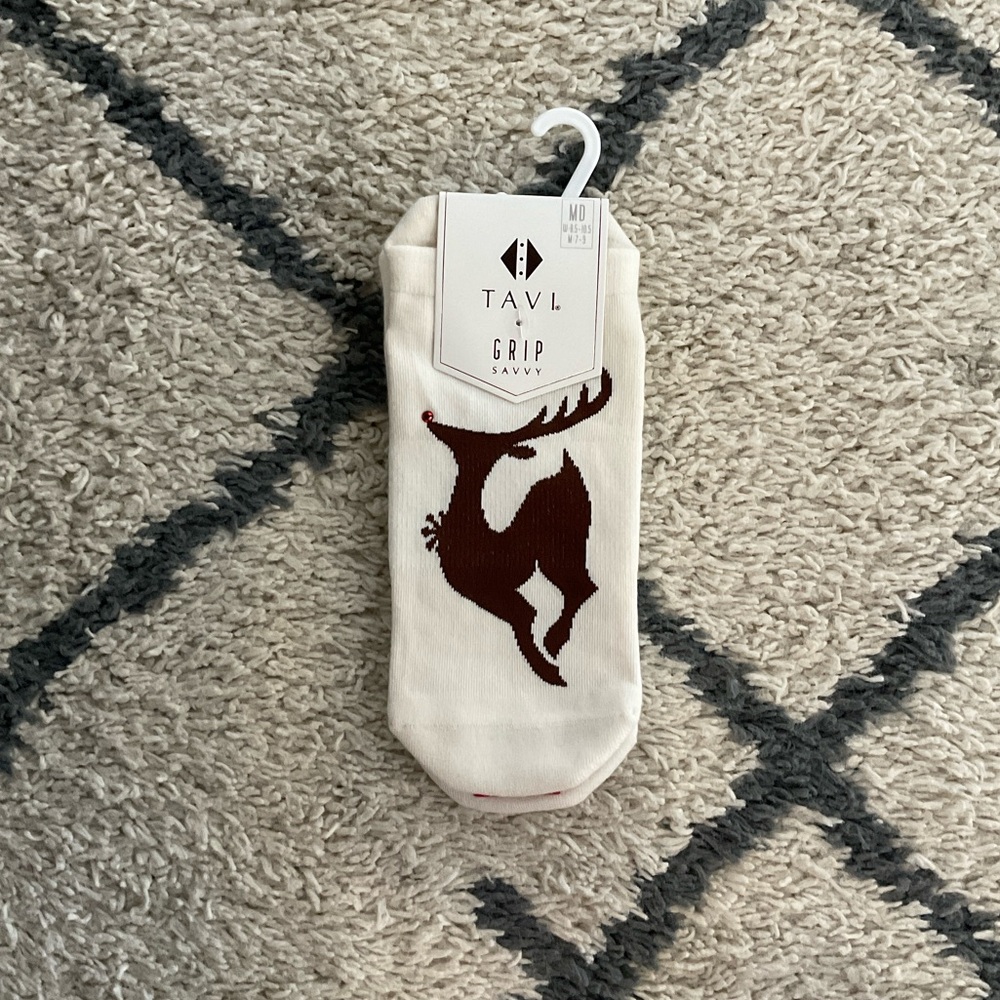Cream Grip Socks with Rudolph Design
